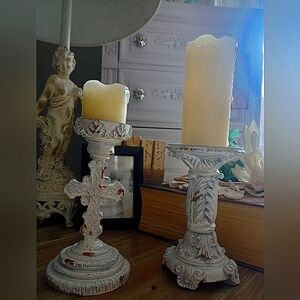 Ornate Vintage Antique White Baroque Candle Holders